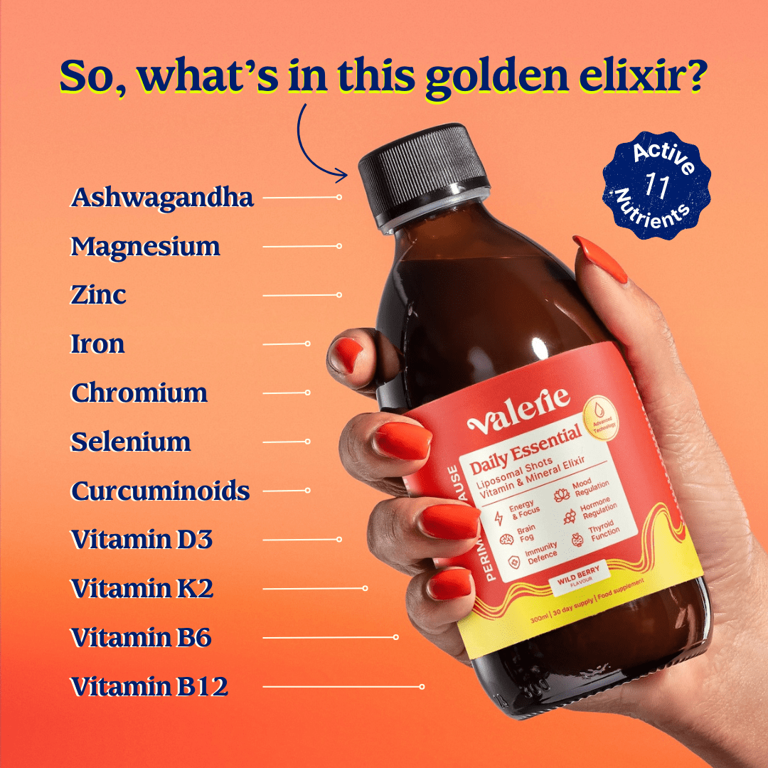 Hand holding a bottle labeled as a vitamin and mineral elixir with listed ingredients.