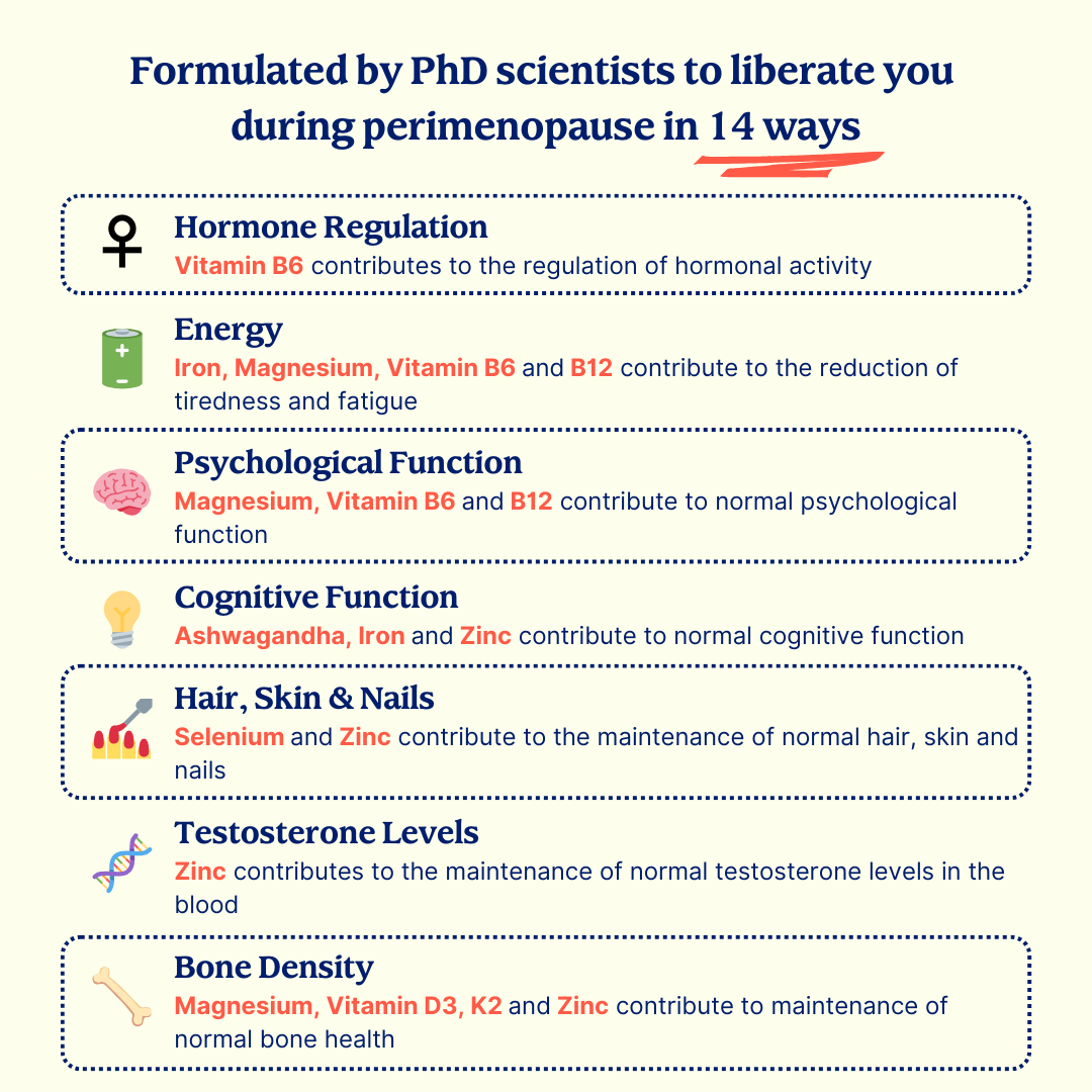 Infographic on vitamins and minerals supporting various functions during perimenopause.