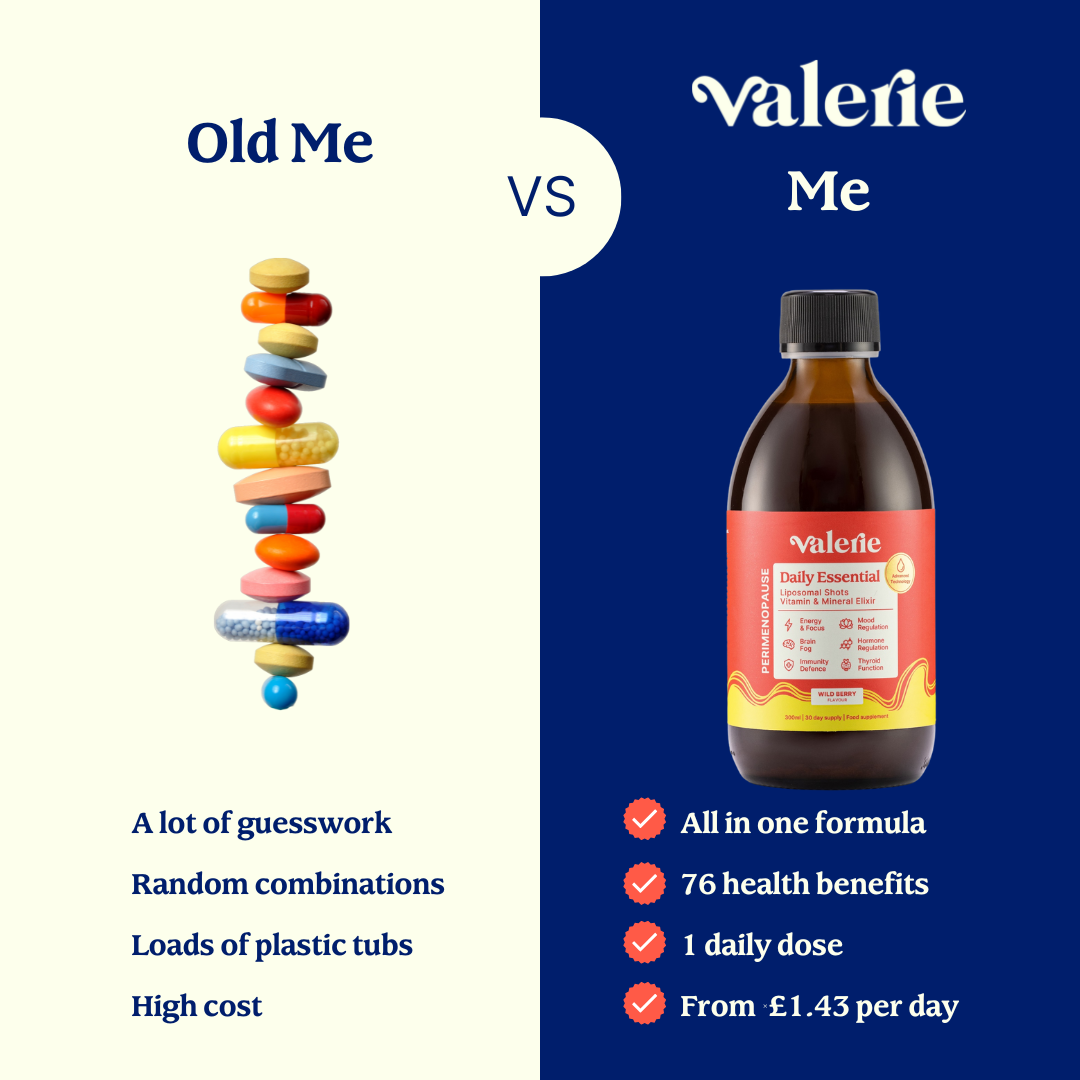 Comparison of various pills versus a single vitamin drink bottle with benefits listed.