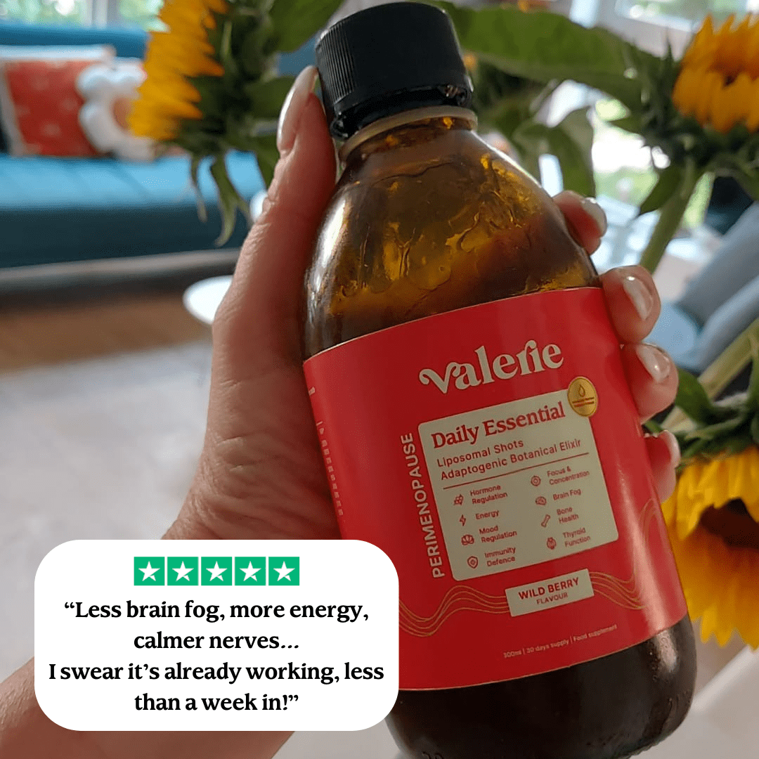 Hand holding a bottle labeled 'Valerfe Daily Essential' with a positive customer review overlay.