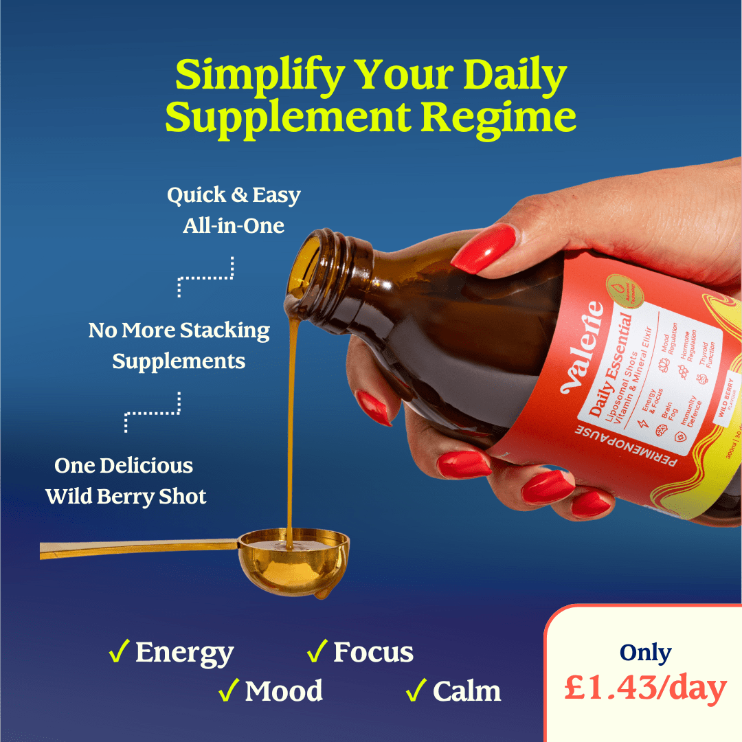 Hand pouring daily supplement into a spoon with promotional text.