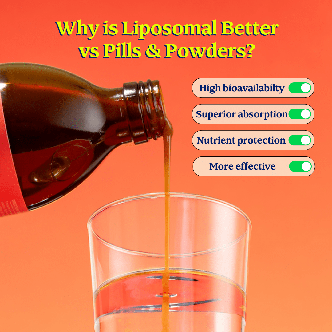 Liposomal liquid poured into glass with benefits compared to pills and powders highlighted.